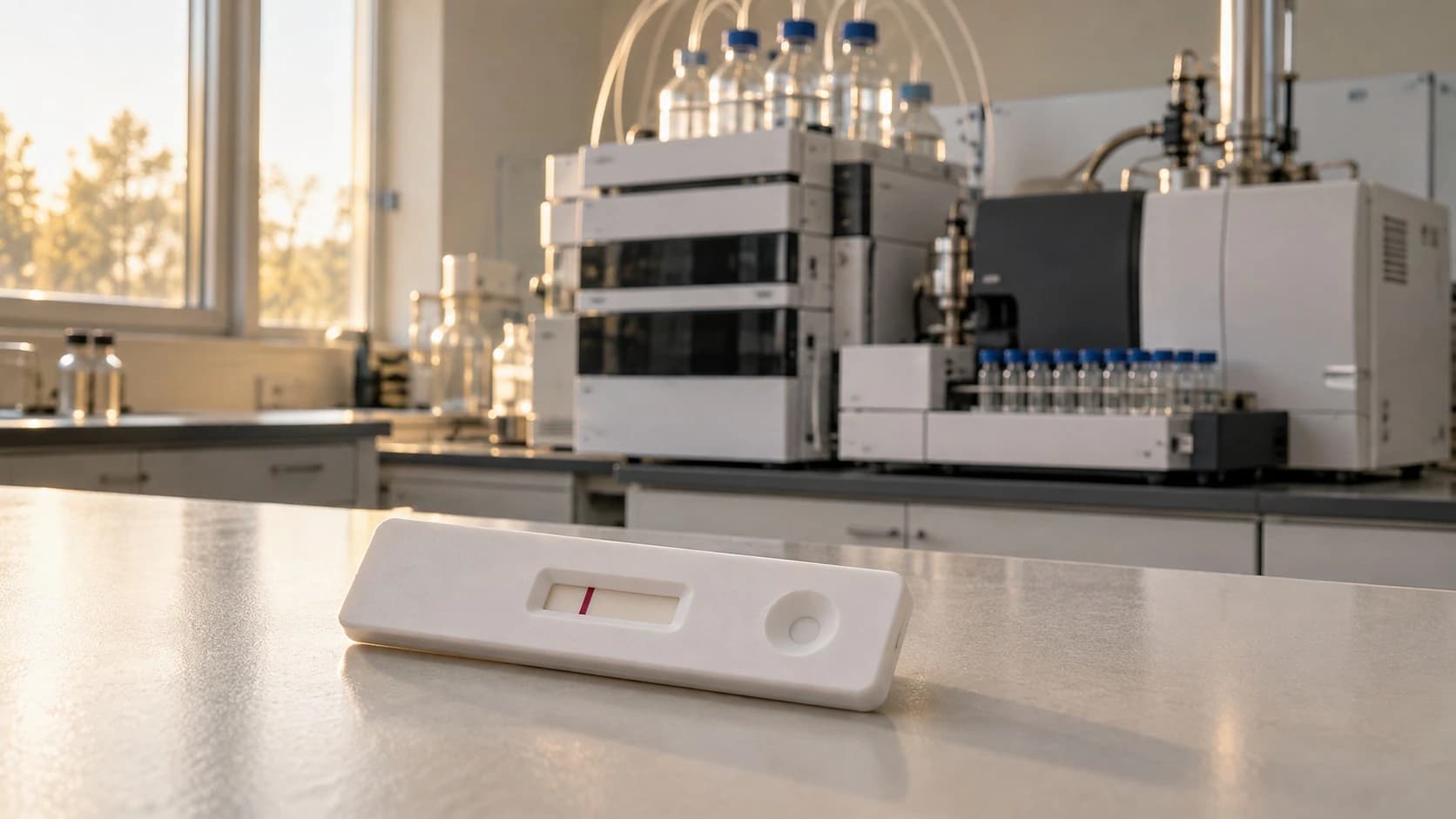 A rapid drug-test cassette in front of a laboratory LC-MS/MS system